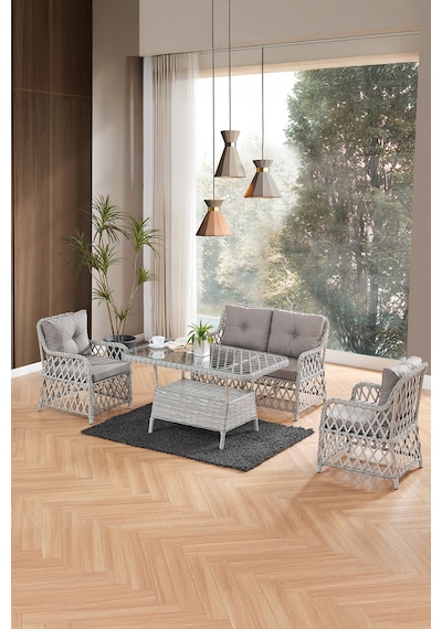 Roma Rattan Bahçe Balkon Takımı 2+1+1 Cam Masalı Gri
