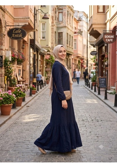 Kadın Düz Renk Dokuma Viskon Kumaş Uzun Tesettür Elbise Lacivert