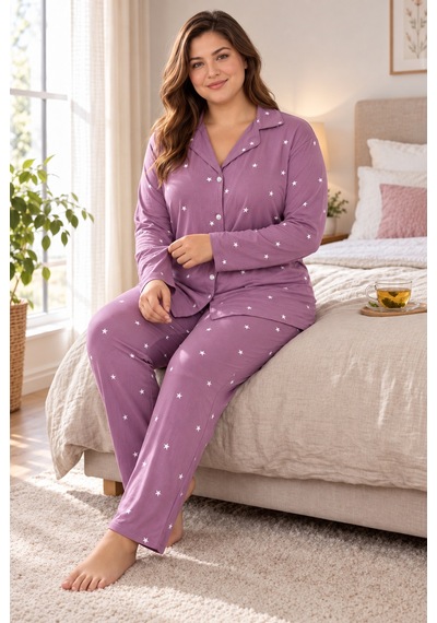 Seboteks Milan Kumaş Önden Düğmeli Uzun Kollu Büyük Beden Kadın Pijama Takımı 3499 Lila
