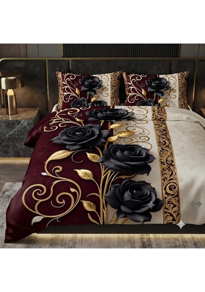 Özel Tasarım Marka Çift Kişilik Nevresim Takımı Organik Saten & Pamuk Luxury Premium Deluxe Seri Gül Çeyiz Kırmızı Beyaz Ranforce Solmaz Kırmızı - Siyah