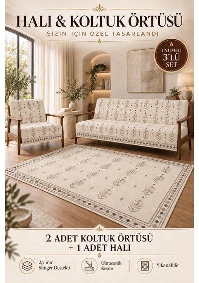 3 Lü Set 2 Adet 165x215 Cm Koltuk Örtüsü + 1 Adet 6m2 180x280 Cm Kaymaz Taban Dijital Baskılı Halı Bej