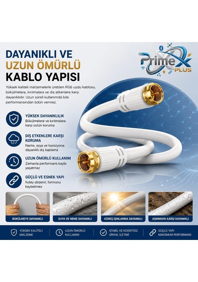 Px-tv1 1 Metre Rg6 Full Hd Tv Uydu Kablosu, Altın Uç Anten Kablosu, Dvb-t, Dvb-c, Dvb-s, Dvb-s2 Beyaz