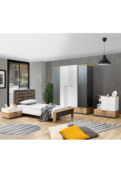 Relax Genç Odası, Dolap, Karyola, Komodin, Şifonyer Antrasit - Beyaz