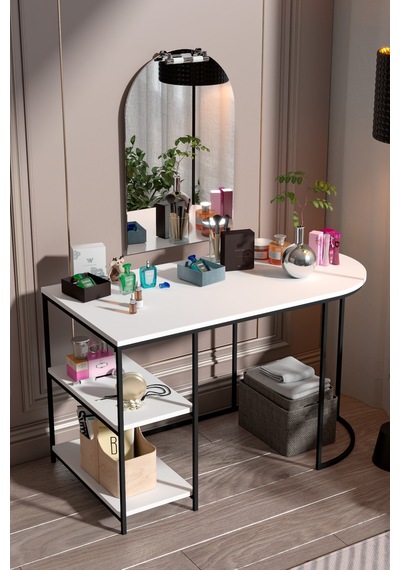 White Oval-shaped Work And Makeup Desk With Mirror And Shelves Beyaz