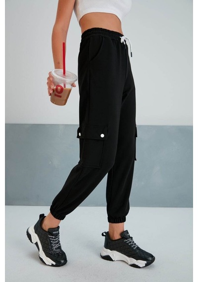 Winmoda34 Jogger Geniş Kemer Paça Lastikli Kargo Cepli Eşofman Altı Siyah