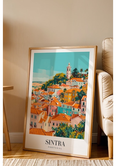 Sintra Portugal Vintage Seyahat Posteri Çerçeveli Tablo - Premium Portekiz Masalsı Duvar Dekoru Kayın