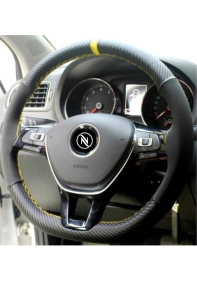 Volkswagen Polo (2014-2018) Dikmeli Direksiyon Kılıfı Carbon Desenli-alkantra Sarı Yüzük