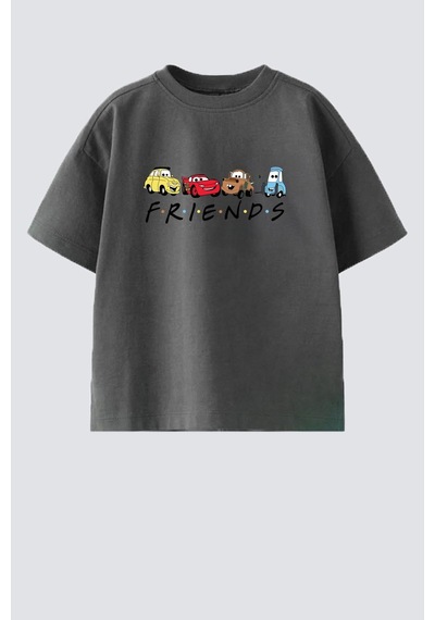 Monila Erkek Çocuk Pamuklu Bisiklet Yaka Araba Baskılı T-shirt Füme