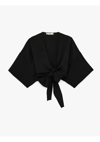 Koton Kısa Kollu Kruvaze Yaka Bağlamalı Crop Oversize Kimono Siyah 6sal50004ıw