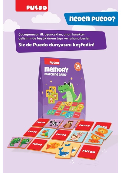 Puedo Memory Hayvanlar Eşleştirme Oyunu 36 Parça Eva Hafıza Oyunu 3+ Eğitici Kart Oyunu
