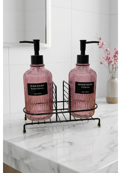 Makri Home Modern Çizgili Yuvarlak Cam Ikili Sıvı Sabunluk & Deterjanlık Seti, Pembe- 500 Ml Cam Sabunluk