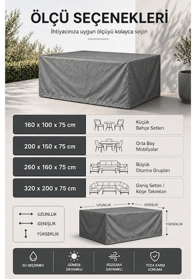 Bahçe Mobilya Brandası 200 150 75 Cm Masa Sandalye Koruma Örtüsü Gri Kılıf Su Geçirmez