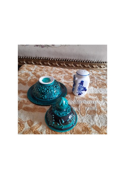 Çini Şekerlik Ve Antika Tuzluk Turkuaz