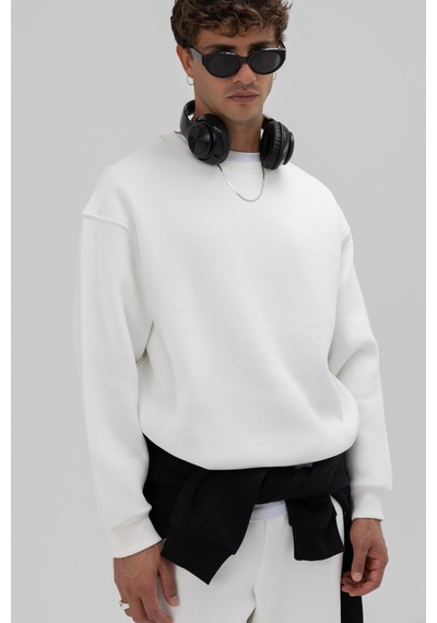 Vamos Basic Bisiklet Yaka Oversize Sweatshirt Ekru