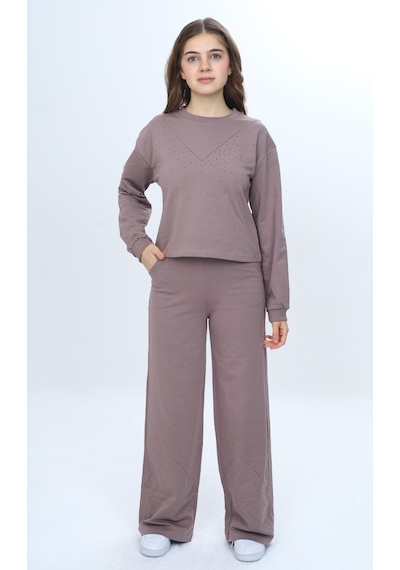 Toontoy Kids Toontoy Kız Çocuk 2'li Takım Taş İşlemeli Bisiklet Yaka Sweatshirt & Beli Lastikli Bol Paça Cepli Eşofman Altı Siyah