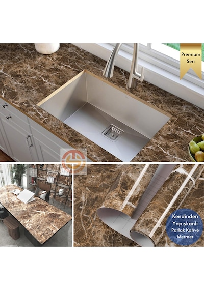 Technosmart 60x100cm Mermer Desen Kendinden Yapışkanlı Duvar Kağıdı Kaplama Mutfak Tezgeh Masa Folyo Kahverengi