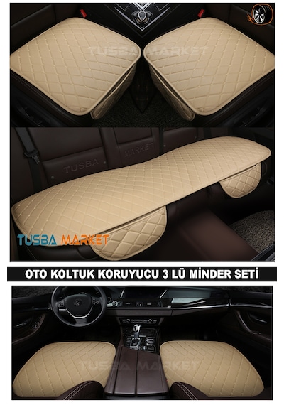 Araç Oto Koltuk Koruyucu Cepli Üçlü Minder Seti I Lüks Kapitone Deri Ön-arka Bej Oto Koltuk Minder