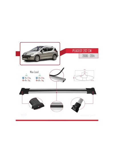 Peugeot 207 Sw 2006-2014 Arası İle Uyumlu Fly Model Ara Atkı Tavan Barı Gri 3 Adet Bar