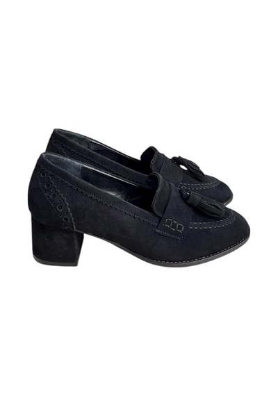 Tufan Shoes Siyah Hakiki Deri Süet Püskül Detay Topuklu Ayakkabı Siyah