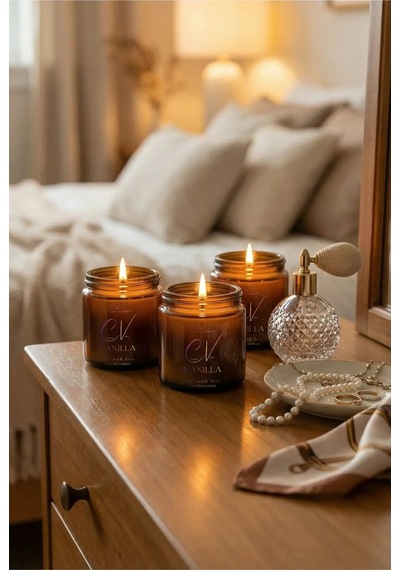 3 Lü Vanilya Kokulu Aromaterapi Mum %100 Doğal Soya Wax Kapaklı Amber Cam Krem Renk 100 Cc Amber