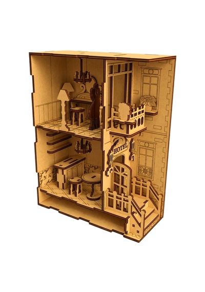 Hotel Book Nook Ahşap Maket Seti Dıy Miniatür Otel Binası Peri Led'li Kitaplık Dekoru