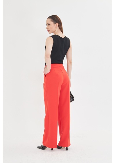 Lovelf Kare Düğme Bol Paça Pantolon Oranj Oranj