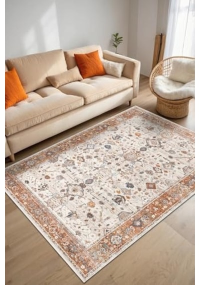 Tr Osima Vintage Desenli Şönil Pamuk Tabanlı Yıkanabilir Kaymaz Antibakteriyel Salon Halısı 200x300 Diğer