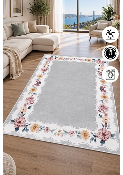 Floral Çerçeve Desenli Baskılı Kaymaz Yıkanabilir Salon Oturma Odası Mutfak Balkon Halısı Yolluk gri