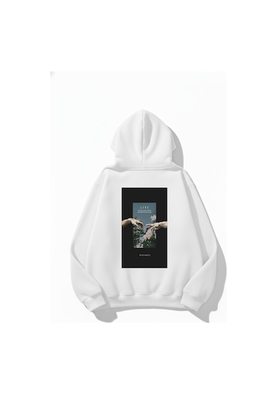 Uyguntarz Unisex Yumuşak Dokulu Live Baskılı Tasarım Oversize 3 İplik Hoodie Sweatshirt beyaz