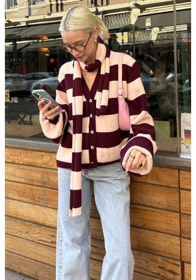 Madmext Bordo Çizigli Atkılı Kadın Triko Hırka Mg2588 Bordo