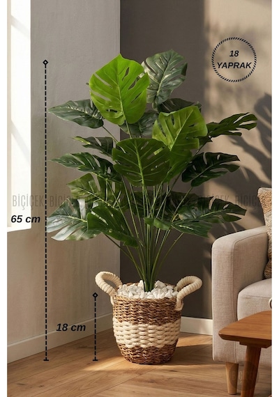 Yapay Monstera Deve Tabani Bi Tki Si 60 Cm Krem Orgulu Hasir Saksıda