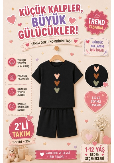 Overmax Sevimli Kalpler Baskılı Çocuk Takım Tişört & Şort 2 Li Kombin 1-12 Yaş Trend Yazlık Takım Siyah - 882765983 Siyah Overmax Sevimli Kalpler Baskılı Çocuk Takım Tişört & Şort 2 Li Kombin 1-12 Yaş Trend Yazlık Takım Siyah - 882765983 Siyah