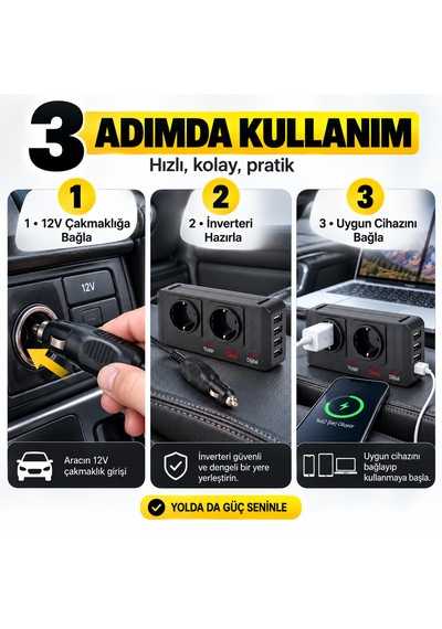 12v 220v Araç İnverteri 200w 2 Ac Priz 4 Usb Çıkışlı Oto Çakmaklık Dönüştürücü