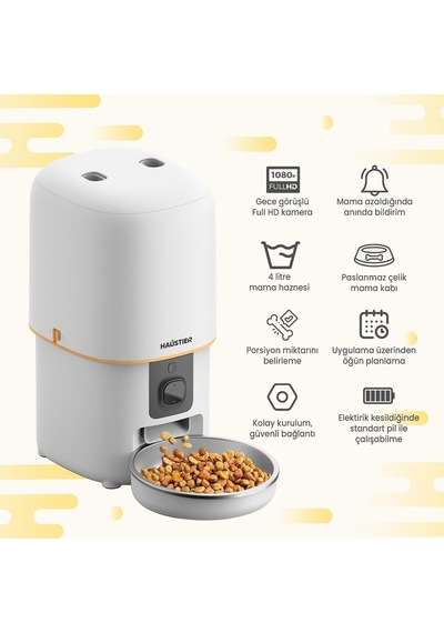 Pf05 Beyaz Kameralı 1080p Fhd Gece Görüş Akıllı Otomatik Kedi Mama Kabı, Tuya App-wifi Uzaktan Kontrol, Sesle Çağırma, 2.4ghz-5ghz, 4lt Hazne, Metal Kase