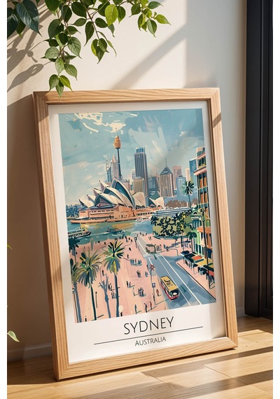 Avustralya Sydney Temalı Çerçeveli Tablo Travel Serisi Modern İllüstrasyon Şehir Duvar Dekoru Kayın