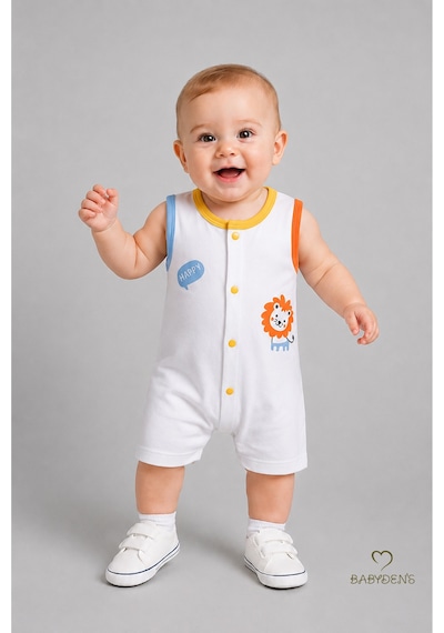 Babyden's Erkek Bebek Tulum Yazlık Pamuklu Şortlu Çıtçıtlı Aslan Baskılı Bebek Tulumu Yenidoğan Bebek Giyim 0-9 Ay Beyaz