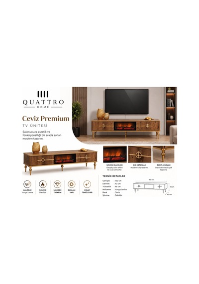Ceviz Premium Elektrikli Şömineli Tv Ünitesi Gold Detaylı 160 Cm Ceviz Premium Elektrikli Şömineli Tv Ünitesi Gold Detaylı 160 Cm