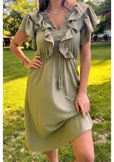 Neşeli Butik Kadın Yaka Ve Kolları Fırfırlı Bağlama Detaylı Ayrobin Elbise Nb10050 Yeşil
