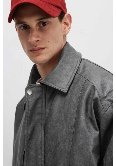 Vamos Oversize Deri Bomber Ceket Gri