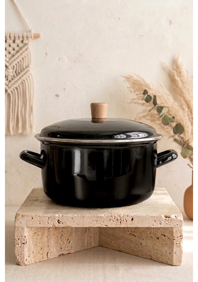 Terra Cook Ahşap Kulplu,paslanmaz Saplı Siyah Süzgeçli Emaye Kızartma Tenceresi 22 Cm Siyah