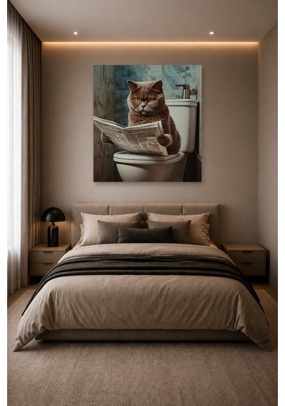 Tam Renk Tekli Kare Banyo Gazete Okuyan Gri British Kedi Dekoratif Kanvas Duvar Tablosu Çok Renkli
