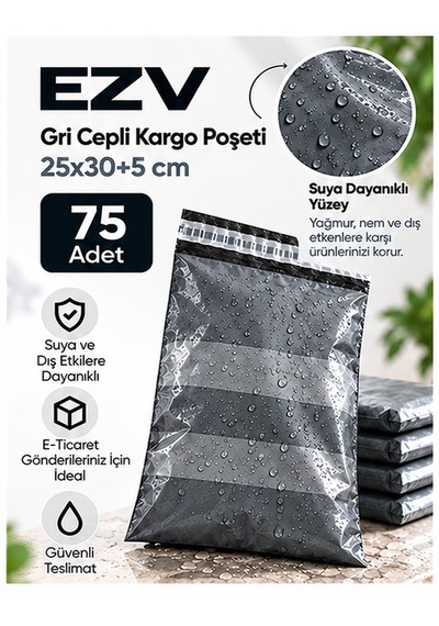 Gri Cepli Kargo Poşeti 25x30+5 Cm 75 Adet
