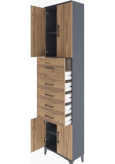 Arges Dolap 3 Raflı 5 Çekmeceli 4 Kapaklı 60x30x243 Antrasit-çam Antrasit