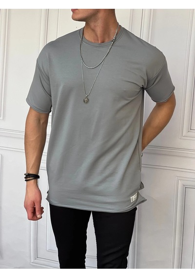 Modefendi Pamuk Likra Yırtmaç Detaylı 2 İplik Oversize Tshirt Gri
