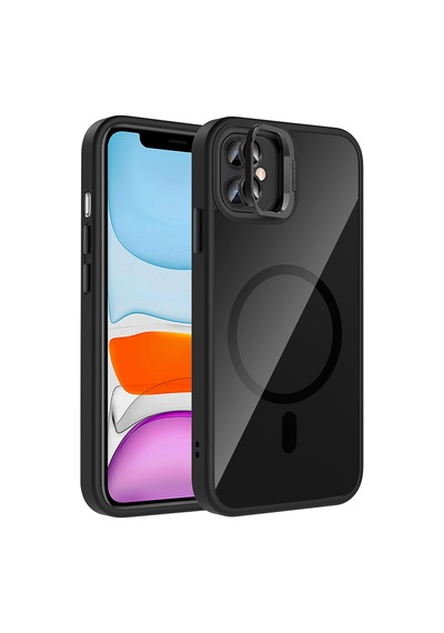 Zore iPhone Uyumlu 11 Kılıf Standlı Ve Kamera Lens Hediyeli M-safe Şarj Özellikli Ogaa Etro Kapak - Siyah