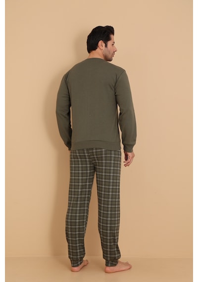 Wordex Falkom 7003 İnterlok Kışlık Ekose Pijamalı Erkek Pijama Takımı Haki