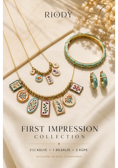 Riody First Impression Collection Kadın Takı Seti 2'li Kolye, 1 Bileklik, 2 Küpe Çiçek Desenli Mine Detaylı Gold Look