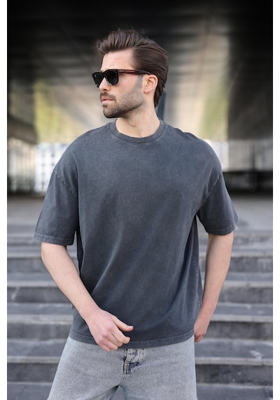 Madmext Siyah %100 Pamuklu Oversize Erkek Tişört E7178 Siyah
