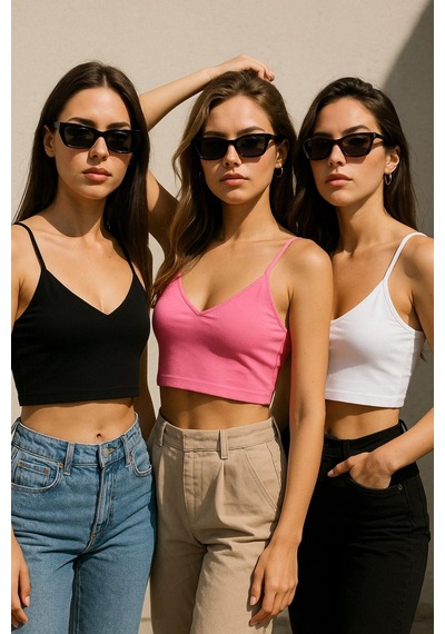 Kadın 3'lü Paket Siyah Beyaz Pembe Kısa Crop İp Askılı V Yaka Krop Bluz Büstiyer Çok Renkli