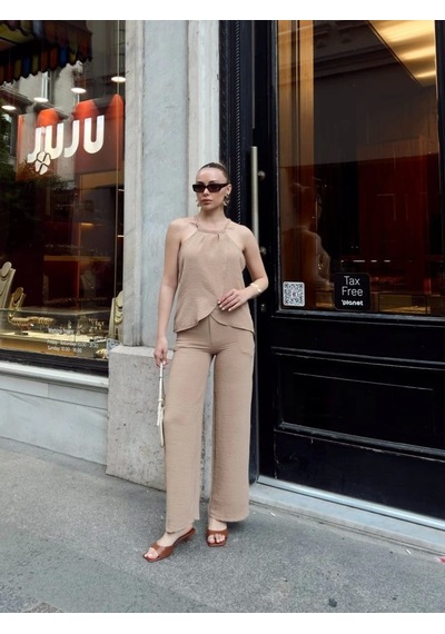 Defymoda Kadın Aerobin Kumaş Kruvaze Takım Krem